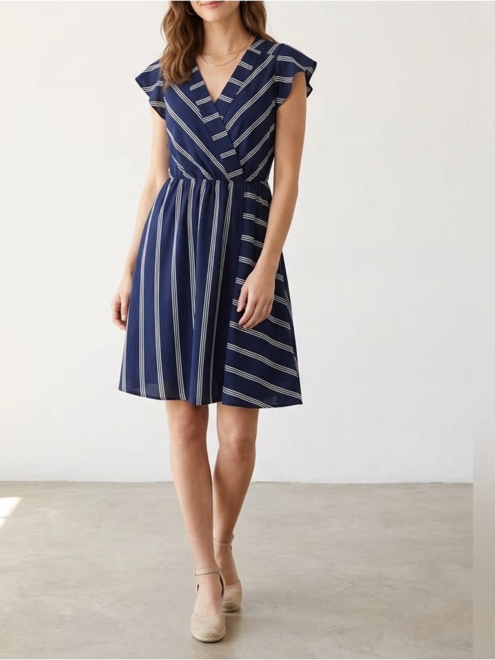 Monteau Navy and White Striped Midi Dress